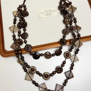Etnische meerlaagse houten kralen en kokosnootschaal ketting retro dames truiketting