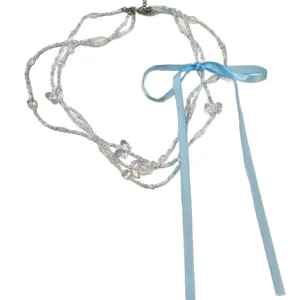 Collana di perle multistrato stile balletto con fiocco in nastro blu elegante choker chic
