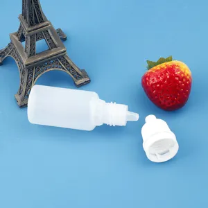 Detail view of a 10ml translucent plastic dropper bottle with tamper evident cap for oil.