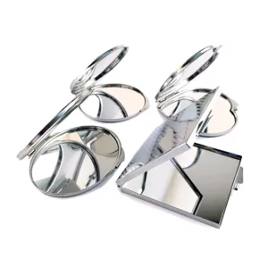 Portable folding makeup mirror set in silver stainless steel, round, square and heart shapes.