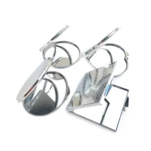 Details of minimalist silver stainless steel compact makeup mirrors in various portable shapes.