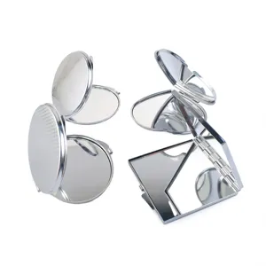 Silver stainless steel compact makeup mirror set, portable folding double-sided pocket mirror.