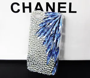 Dazzling rhinestone phone case with blue crystal teardrop wings DIY decorative accessories.