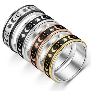 Bague anti-stress en acier inoxydable avec motif soleil, lune et étoiles, élégant bijou couple.