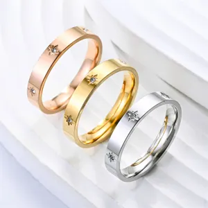 Minimalist Titanium Steel Eight Pointed Star Band Ring Luxury Rhinestone Inlaid Gold Silver Rose Gold Couple Finger Ring Unisex Jewelry