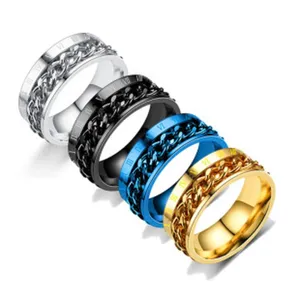 Bague anti-stress en acier titane avec chiffres romains et chaîne, bijou mode multicolore.
