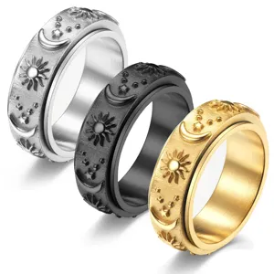Anello antistress girevole celeste in acciaio inossidabile con sole luna e stelle.