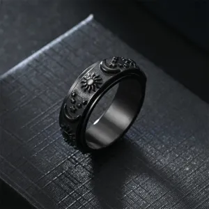 Anello antistress in acciaio inossidabile nero con incisioni di sole luna e stelle da uomo donna