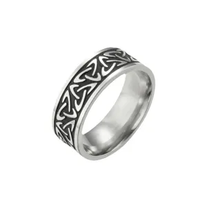 Stainless steel ring with black Celtic knot detail, classic retro band for men and women.
