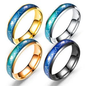 Anello dell'umore in acciaio inossidabile cambia colore EKG cuore coppia gioielli