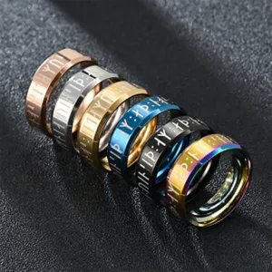 Ensemble bagues runes acier inoxydable, bijoux tendance pour couples usage quotidien.