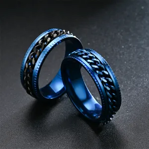 Bague anti-stress en acier titane bleu avec design de chaîne pour couples, bijoux tendance.