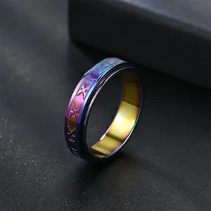 Gros plan sur la bague anti-stress arc-en-ciel en acier inoxydable avec chiffres romains.