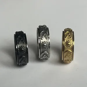 Anello antistress in acciaio inossidabile con motivo sole, luna e stella, design rotante.