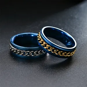 Bague chaîne rotative en acier inoxydable couple bleu métal bijoux de mode tendance