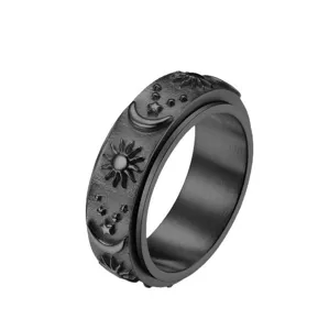 Anello antistress girevole in acciaio inossidabile nero con motivi di sole luna e stelle.