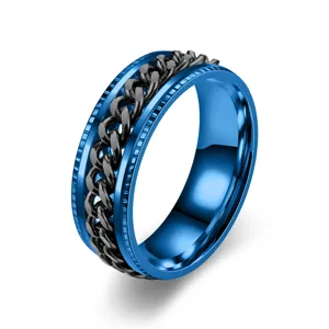 Bague anti stress en acier inoxydable bleu et noir pour homme et femme avec design de chaîne cool.