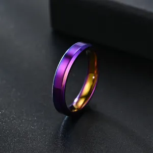 Vue détaillée d'une bague en acier titane de 4 mm avec des bords biseautés irisés.