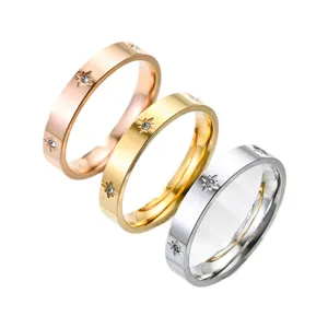 Stainless steel rhinestone ring, minimalist eight-pointed star couple rings, fashion jewelry.