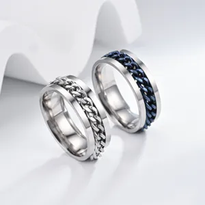 Anello con catena in acciaio al titanio da uomo, anello antistress girevole e moderno.