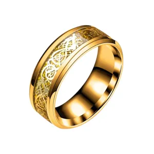 Anillo de Dragón de Oro de Acero de Titanio para Hombre Moda Retro Patrón Celta Joya