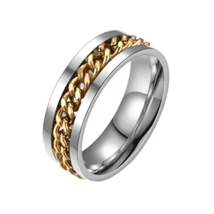 Anello catena rotante da uomo in acciaio al titanio argento e oro, vista frontale principale.
