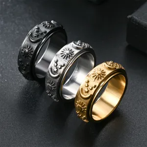 Anello antistress in acciaio al titanio con motivi di sole, luna e stelle moda.
