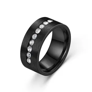 Stylish 8mm men's black matte brushed ring featuring a stunning central row of sparkling crystals.