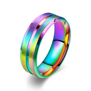 Bague homme acier inoxydable brossé arc-en-ciel 8mm avec rainure centrale bijou minimaliste