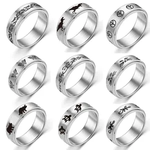 Detail Edelstahl Spinner Ring, lasergravierte Dinosaurier Katze Gecko Muster Schmuck.