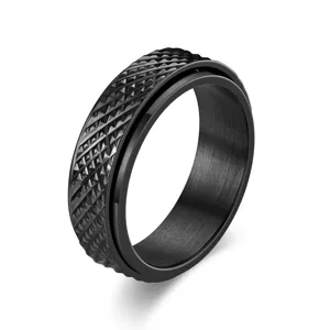 Bague anti-stress en acier titane noir avec motif diamant pour hommes et femmes, style.