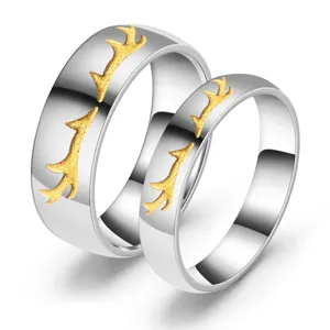 Matching couple rings in stainless steel with frosted gold deer antler design for lovers.