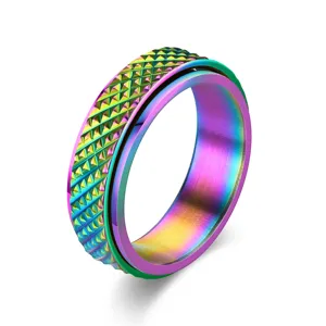 Bague anti-stress arc-en-ciel en acier inoxydable texture geometrique bijoux mode