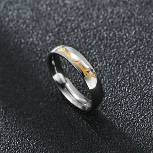 Stainless steel couple ring featuring stylish gold deer antler engraving detail design.