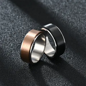 Close up detail of 8mm width titanium steel spinner ring for anxiety relief style.
