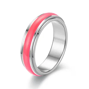 Bague anti-stress en acier inoxydable avec insert rose, bague pivotante quotidienne.