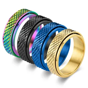 Bague anti stress en acier inoxydable avec motif de losanges pour hommes et femmes.