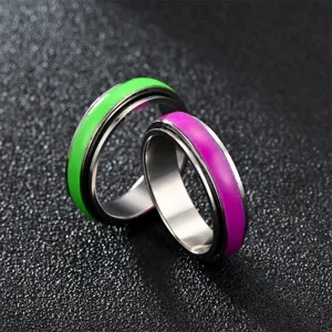 Bague anti-stress en acier inoxydable avec design lumineux vert et violet pour anxiété.