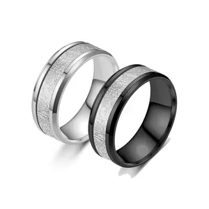 Bague Mixte en Acier Inoxydable Texture Soie Double Bord Biseauté Motif Givre Bijoux de Mode
