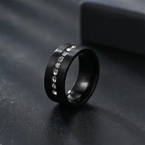 Men's 8mm matte brushed stainless steel ring featuring a sparkling crystal channel inlay detail.