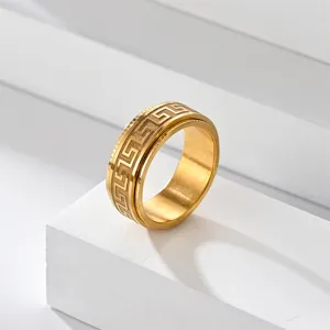 Bague anti-stress en acier inoxydable doré avec motif grec classique pour homme et femme