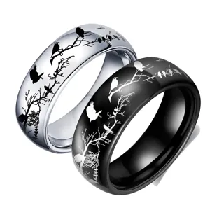 Bague en Acier Inoxydable Motif Oiseau et Branche d'Arbre pour Couple Amoureux des Animaux Bijou Minimaliste Cadeau