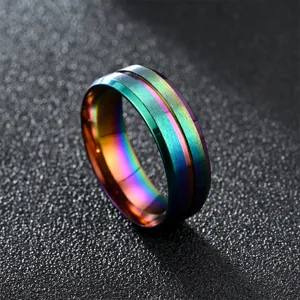 Gros plan détaillé d'une bague pour homme en acier inoxydable de 8 mm avec rainure et fini mat.