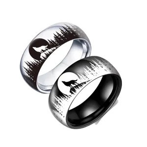 Anillo de Banda de Acero Inoxidable Vintage Lobo en el Bosque Para Hombres Mujeres Grabado Silueta Luna Punk Joyería Regalo