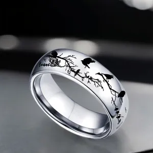 Bague en acier inoxydable avec silhouette d'oiseaux et de branches, idéale pour amoureux.