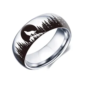 Anillo de lobo de acero inoxidable para hombres y mujeres 8mm diseño bosque aullador moda.