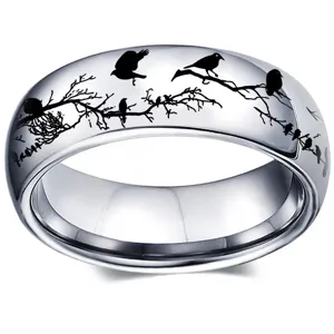 Bague en acier inoxydable avec motif de branches d'arbres et d'oiseaux, idéale pour tous les jours.