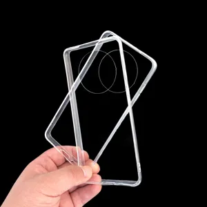 High clarity transparent mobile phone case with soft edges and hard back for various models.