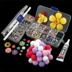DIY Phone Case Rhinestone Material Pack Glass Crystals Pearls Pom-Poms Resin Flowers Craft Accessories Set