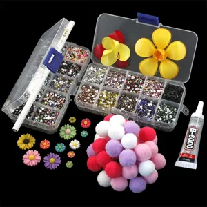 DIY phone case rhinestone decoration material kit with colorful pom-poms and craft glue.